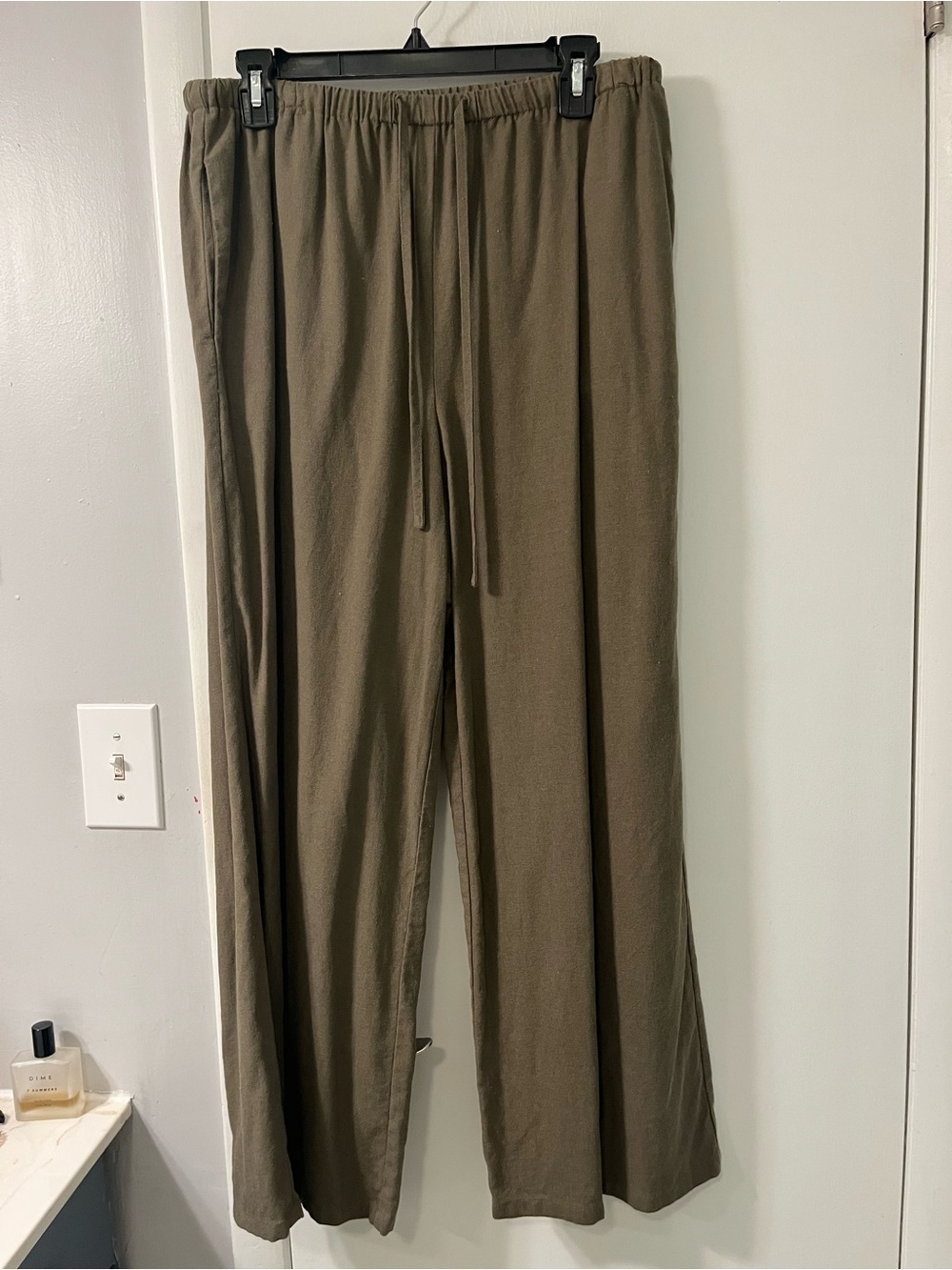Carly Jean Los Angeles Olive Drawstring Wide-Leg Linen Blend Pant Size L